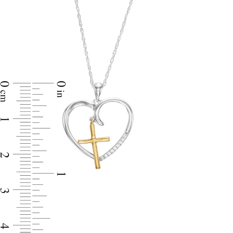 0.05 CT. T.W. Diamond Heart with Cross Charm Pendant in Sterling Silver and 10K Gold