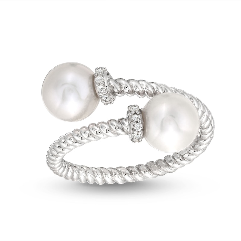 Cultured Freshwater Pearl and White Lab-Created Sapphire Rope Wrap Ring in Sterling Silver - Size 7