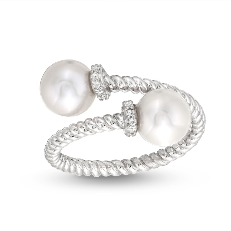 Cultured Freshwater Pearl and White Lab-Created Sapphire Rope Wrap Ring in Sterling Silver - Size 7|Peoples Jewellers