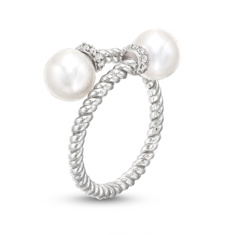 Main Image 3 of Freshwater Cultured Pearl and White Lab-Created Sapphire Rope Wrap Ring in Sterling Silver-Size 7