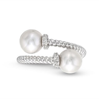 Freshwater Cultured Pearl and White Lab-Created Sapphire Rope Wrap Ring in Sterling Silver-Size 7