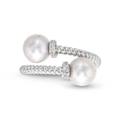 Freshwater Cultured Pearl and White Lab-Created Sapphire Rope Wrap Ring in Sterling Silver-Size 7