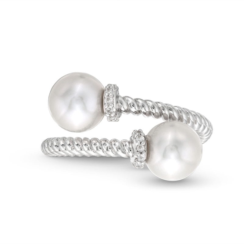 Main Image 4 of Freshwater Cultured Pearl and White Lab-Created Sapphire Rope Wrap Ring in Sterling Silver-Size 7