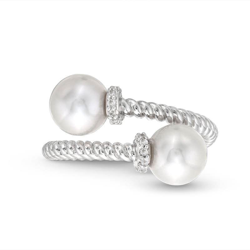 Cultured Freshwater Pearl and White Lab-Created Sapphire Rope Wrap Ring in Sterling Silver - Size 7|Peoples Jewellers