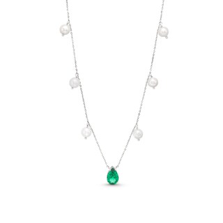 Pear-Shaped Lab-Created Emerald and 5.0-5.5mm Freshwater Cultured Pearl Station Necklace in Sterling Silver
