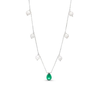 Pear-Shaped Lab-Created Emerald and 5.0-5.5mm Freshwater Cultured Pearl Station Necklace in Sterling Silver