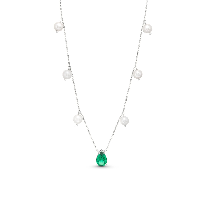Main Image 1 of Pear-Shaped Lab-Created Emerald and 5.0-5.5mm Freshwater Cultured Pearl Station Necklace in Sterling Silver