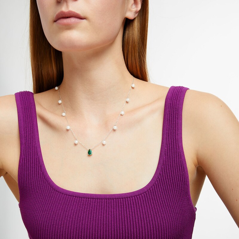 Main Image 2 of Pear-Shaped Lab-Created Emerald and 5.0-5.5mm Freshwater Cultured Pearl Station Necklace in Sterling Silver