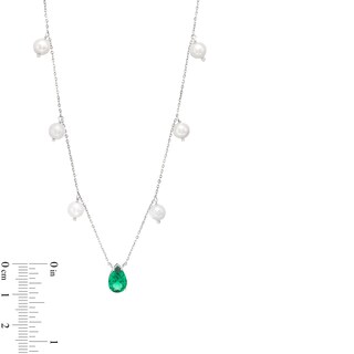Pear-Shaped Lab-Created Emerald and 5.0-5.5mm Freshwater Cultured Pearl Station Necklace in Sterling Silver