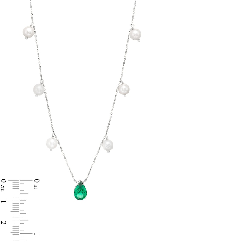 Main Image 4 of Pear-Shaped Lab-Created Emerald and 5.0-5.5mm Freshwater Cultured Pearl Station Necklace in Sterling Silver