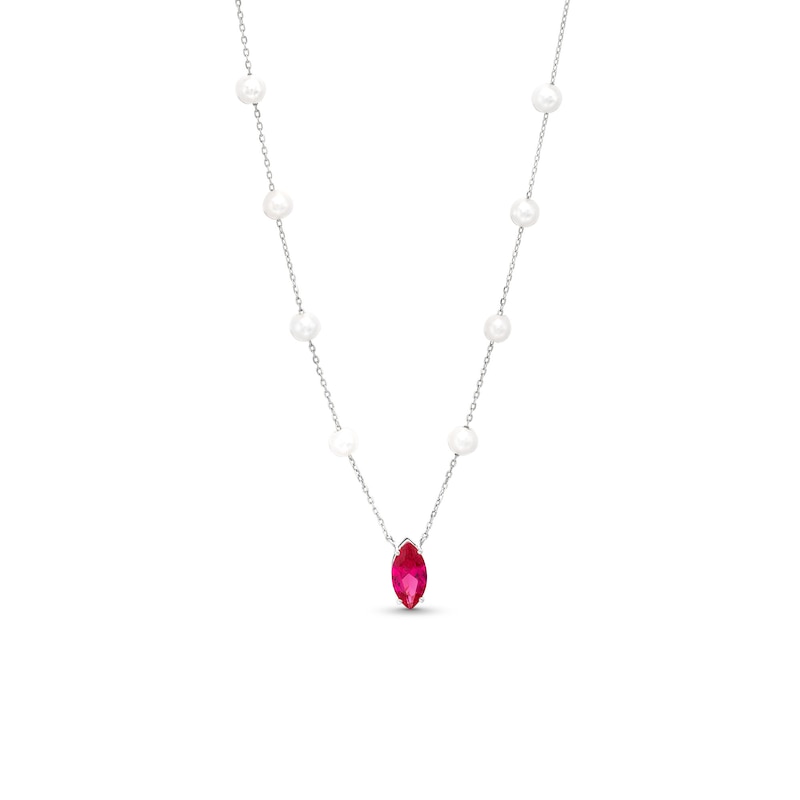 Marquise Lab-Created Ruby and Oval Cultured Freshwater Pearl Station Necklace in Sterling Silver|Peoples Jewellers