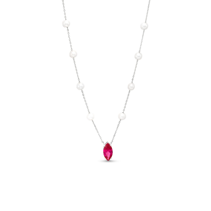 Marquise Lab-Created Ruby and Oval Cultured Freshwater Pearl Station Necklace in Sterling Silver