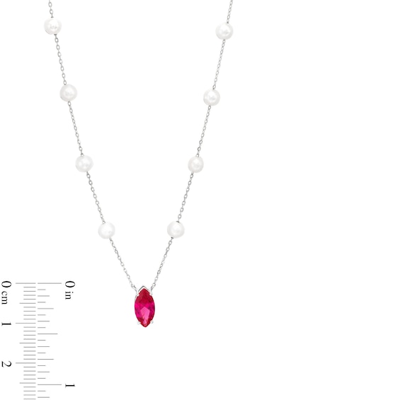 Marquise Lab-Created Ruby and Oval Freshwater Cultured Pearl Station Necklace in Sterling Silver