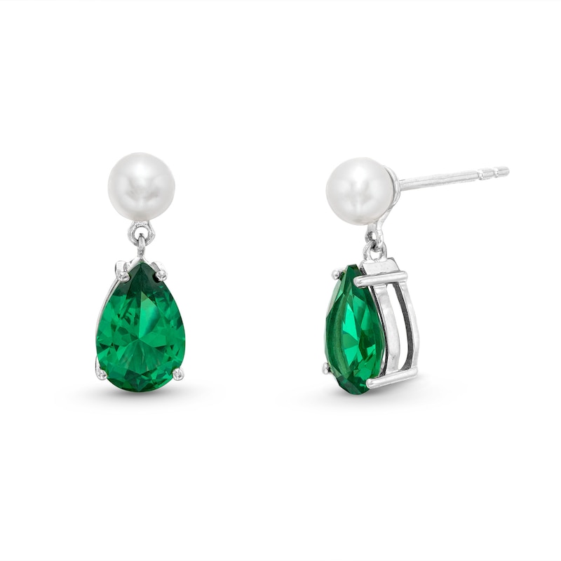 Main Image 1 of Pear-Shaped Lab-Created Emerald and Freshwater Cultured Pearl Drop Earrings in Sterling Silver