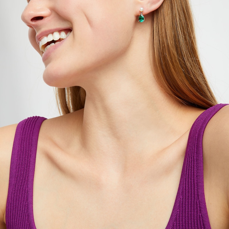Pear-Shaped Lab-Created Emerald and Cultured Freshwater Pearl Drop Earrings in Sterling Silver|Peoples Jewellers