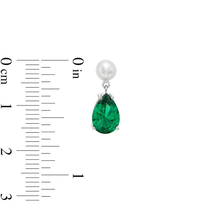 Main Image 3 of Pear-Shaped Lab-Created Emerald and Freshwater Cultured Pearl Drop Earrings in Sterling Silver
