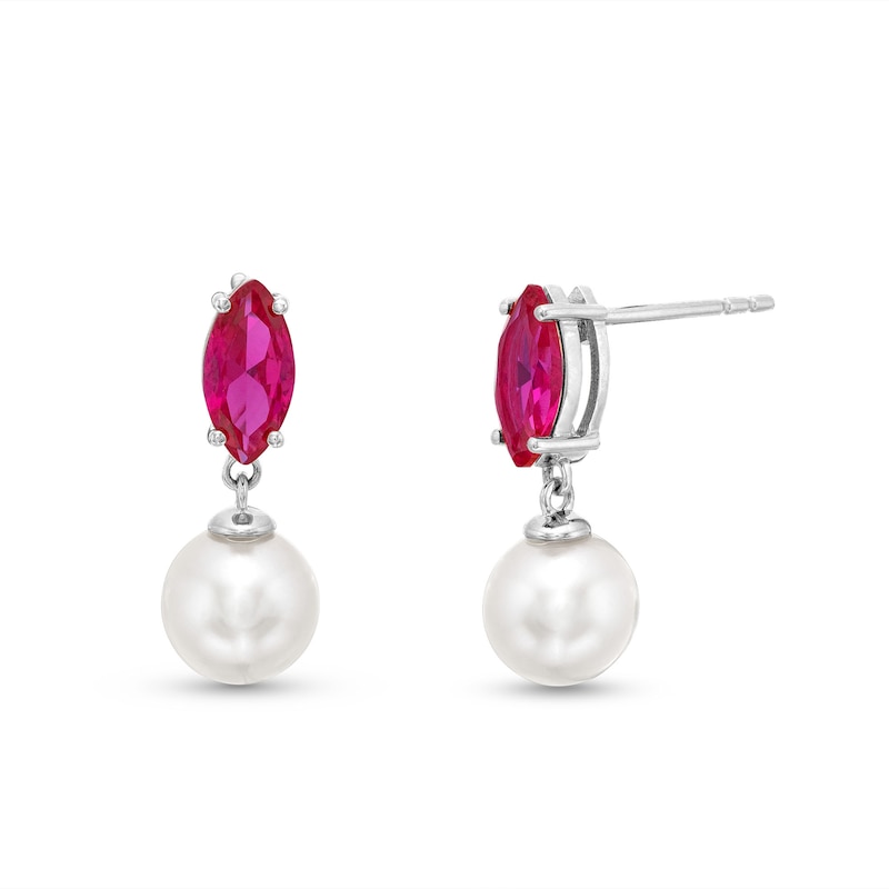 Marquise Lab-Created Ruby and Cultured Freshwater Pearl Drop Earrings in Sterling Silver