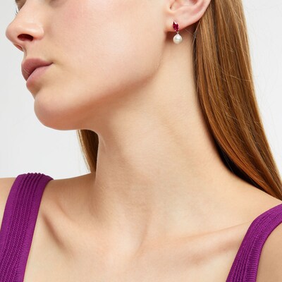 Marquise Lab-Created Ruby and Freshwater Cultured Pearl Drop Earrings in Sterling Silver