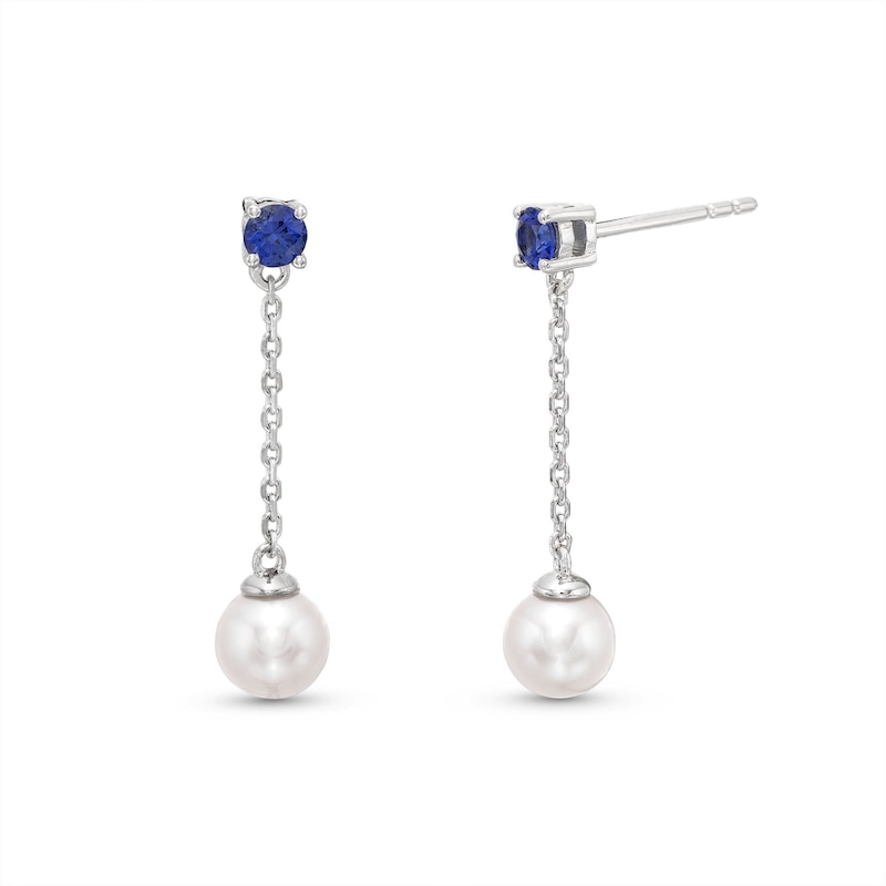 Blue Lab-Created Sapphire and Cultured Freshwater Pearl Chain Drop Earrings in Sterling Silver