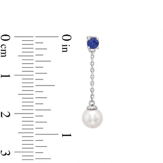 Blue Lab-Created Sapphire and Freshwater Cultured Pearl Chain Drop Earrings in Sterling Silver