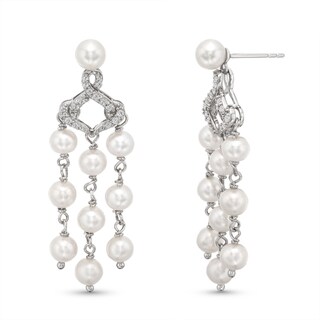 Freshwater Cultured Pearl and White Lab-Created Sapphire Chandelier Drop Earrings in Sterling Silver