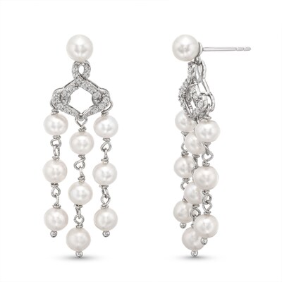 Freshwater Cultured Pearl and White Lab-Created Sapphire Chandelier Drop Earrings in Sterling Silver