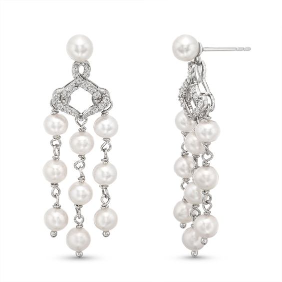 Freshwater Cultured Pearl and White Lab-Created Sapphire Chandelier Drop Earrings in Sterling Silver