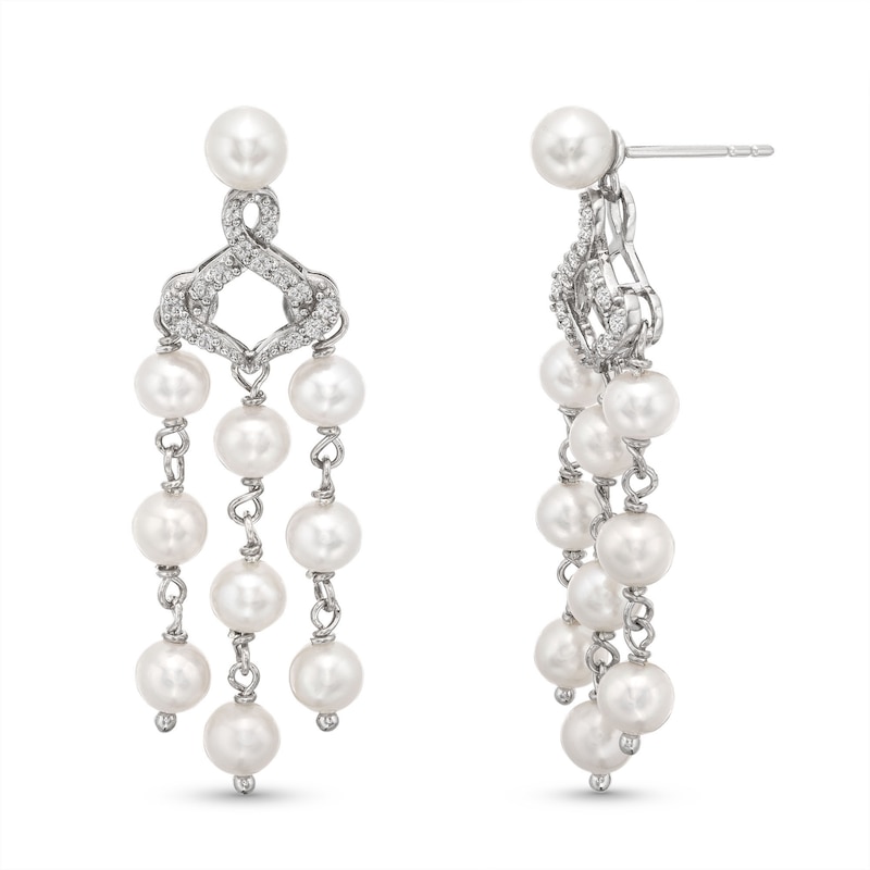 Freshwater Cultured Pearl and White Lab-Created Sapphire Chandelier Drop Earrings in Sterling Silver