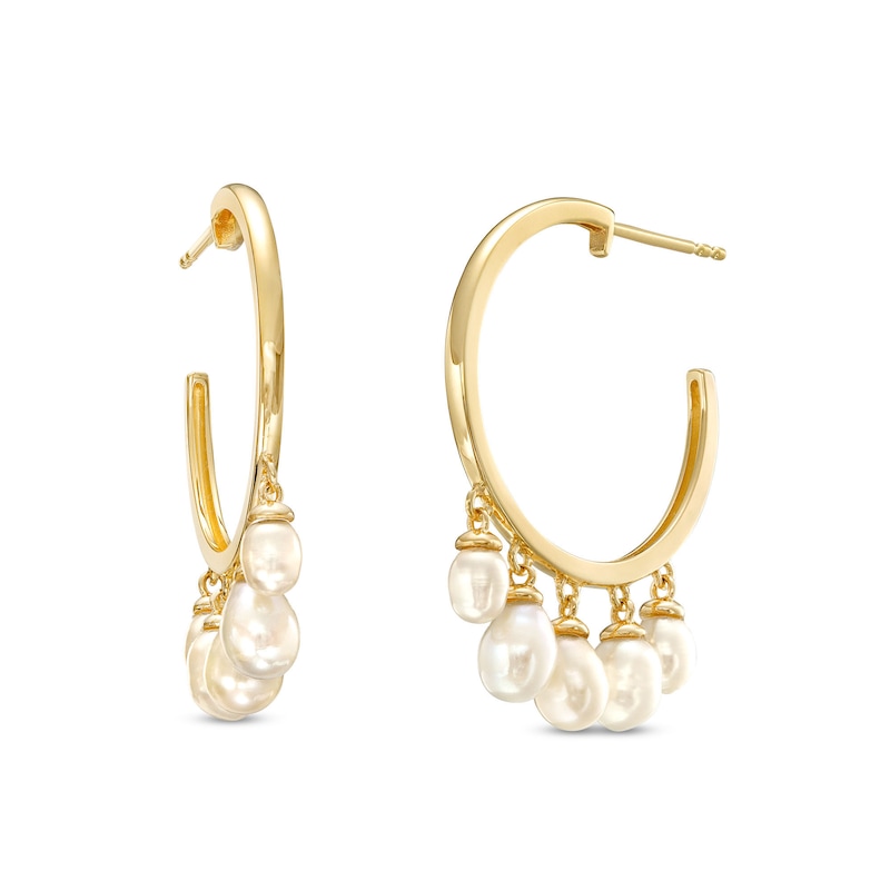 Oval Cultured Freshwater Pearl Dangle Hoop Earrings in 10K Gold|Peoples Jewellers