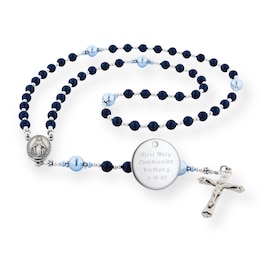 Simulated Pearl and Polished Bead Rosary with Virgin Mary and Engravable Disc Necklace (5 Lines and 1 Colour)