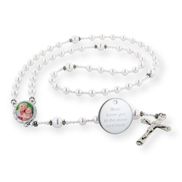 Simulated Pearl and Polished Bead Rosary with Photo and Engravable Disc Necklace (1 Photo and 5 Lines)