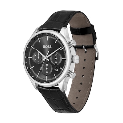 Men's Hugo Boss Gregor Chronograph Black Leather Strap Watch with Black Dial (Model: 1514049)