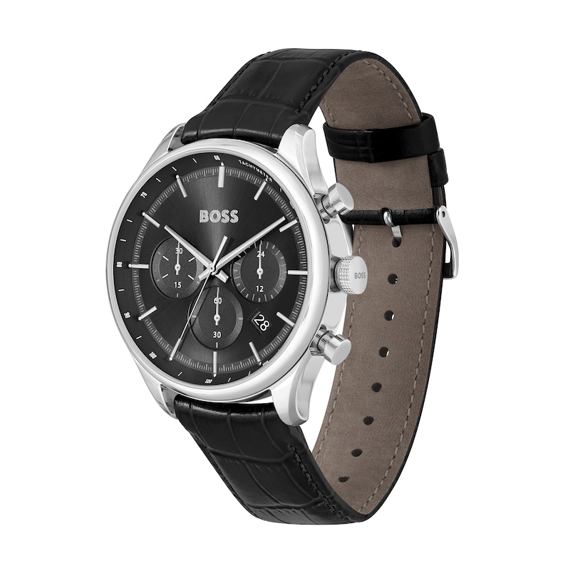 Men's Hugo Boss Gregor Chronograph Black Leather Strap Watch with Black Dial (Model: 1514049)|Peoples Jewellers