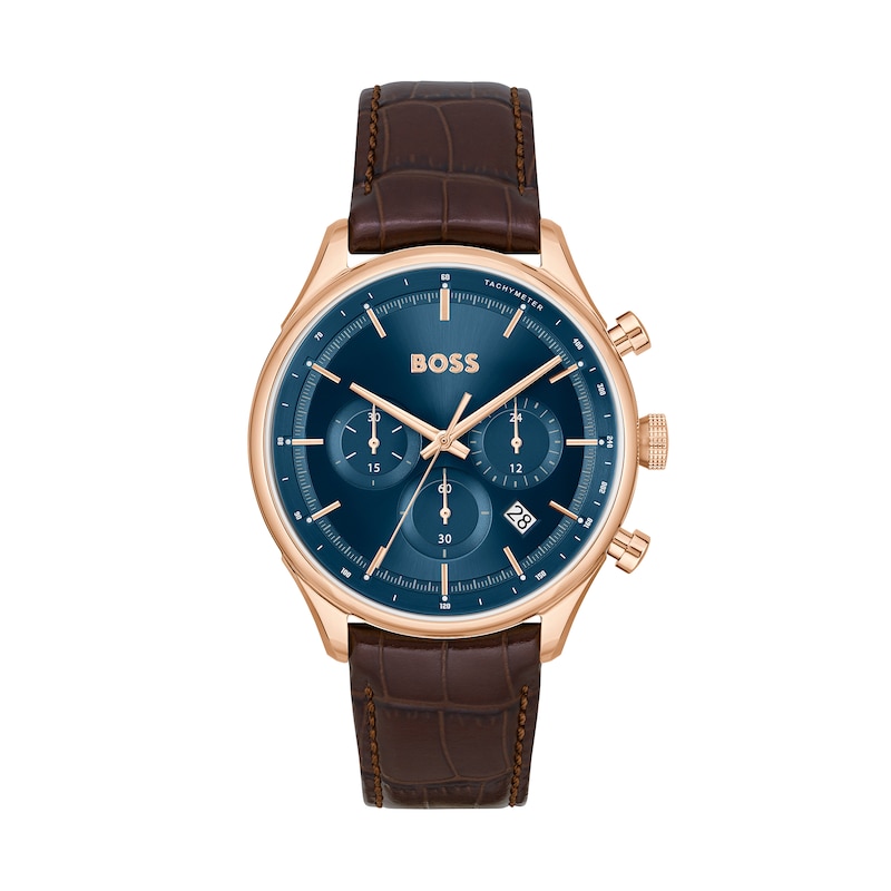 Peoples Men's Hugo Boss Gregor Rose Chronograph Brown Leather Strap Watch  with Blue Dial (Model: 1514050)|Peoples Jewellers | Halifax Shopping Centre