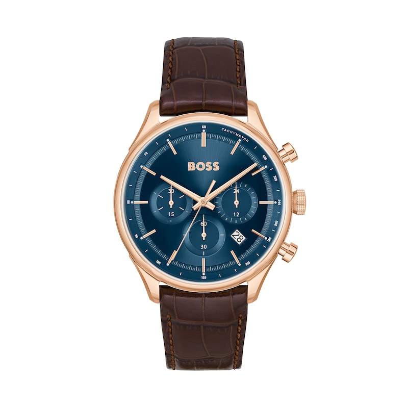 Men's Hugo Boss Gregor Rose Chronograph Brown Leather Strap Watch with Blue Dial (Model: 1514050)|Peoples Jewellers