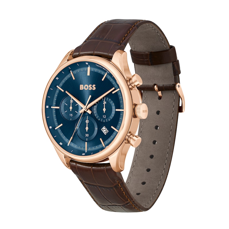 Men's Hugo Boss Gregor Rose Chronograph Brown Leather Strap Watch with Blue Dial (Model: 1514050)|Peoples Jewellers