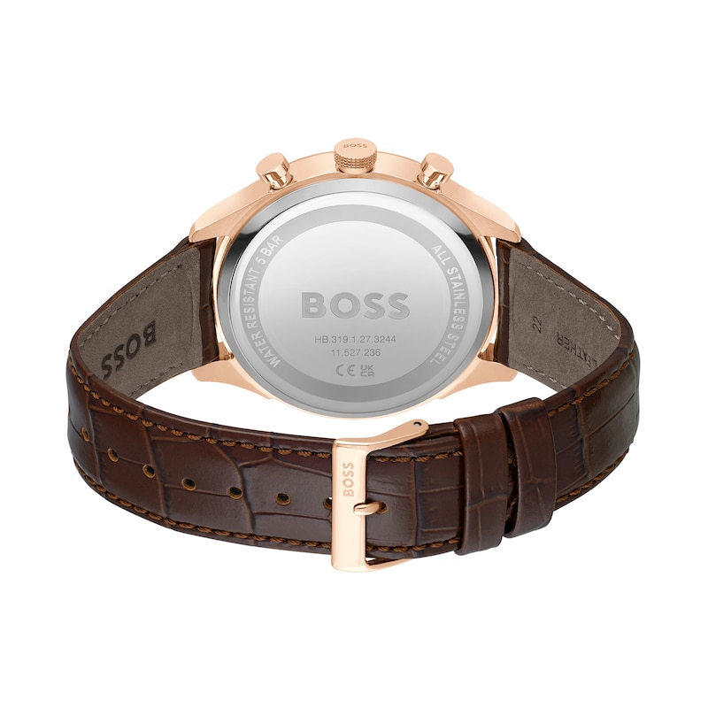 Men's Hugo Boss Gregor Rose Chronograph Brown Leather Strap Watch with Blue Dial (Model: 1514050)|Peoples Jewellers