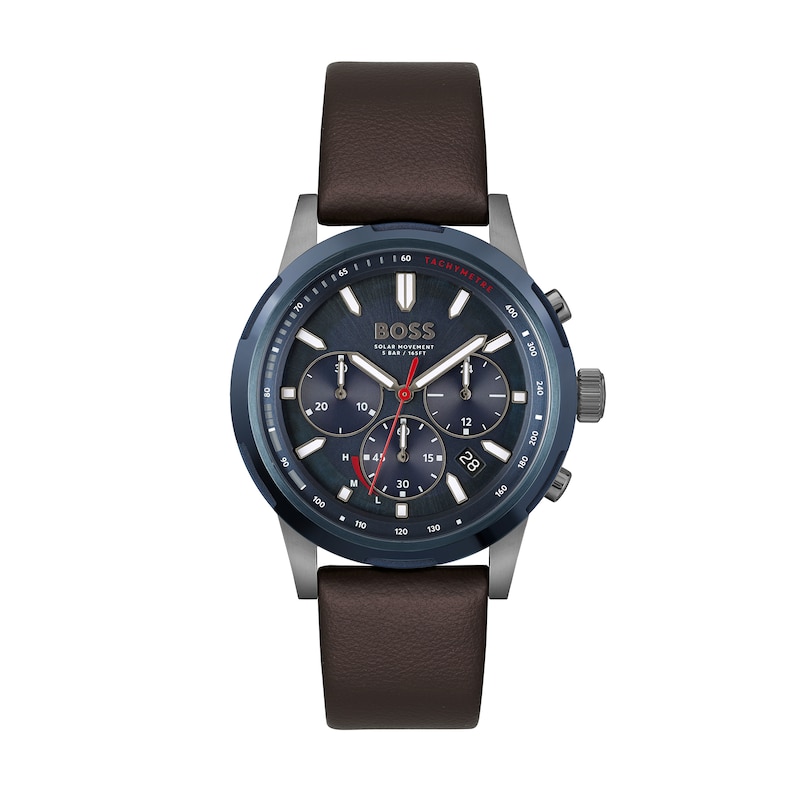 Men's Hugo Boss Solgrade Chronograph Brown Leather Strap Watch with Blue Dial (Model: 1514030)