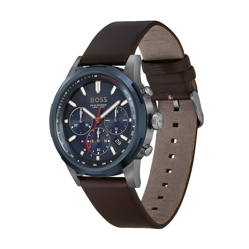 Men's Hugo Boss Solgrade Chronograph Brown Leather Strap Watch with Blue Dial (Model: 1514030)