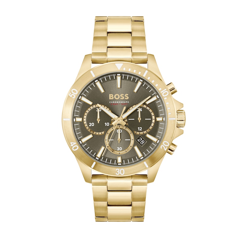 Peoples Men\'s Hugo Boss Troper Gold-Tone IP Chronograph Watch with Green  Dial (Model: 1514059)|Peoples Jewellers | Halifax Shopping Centre