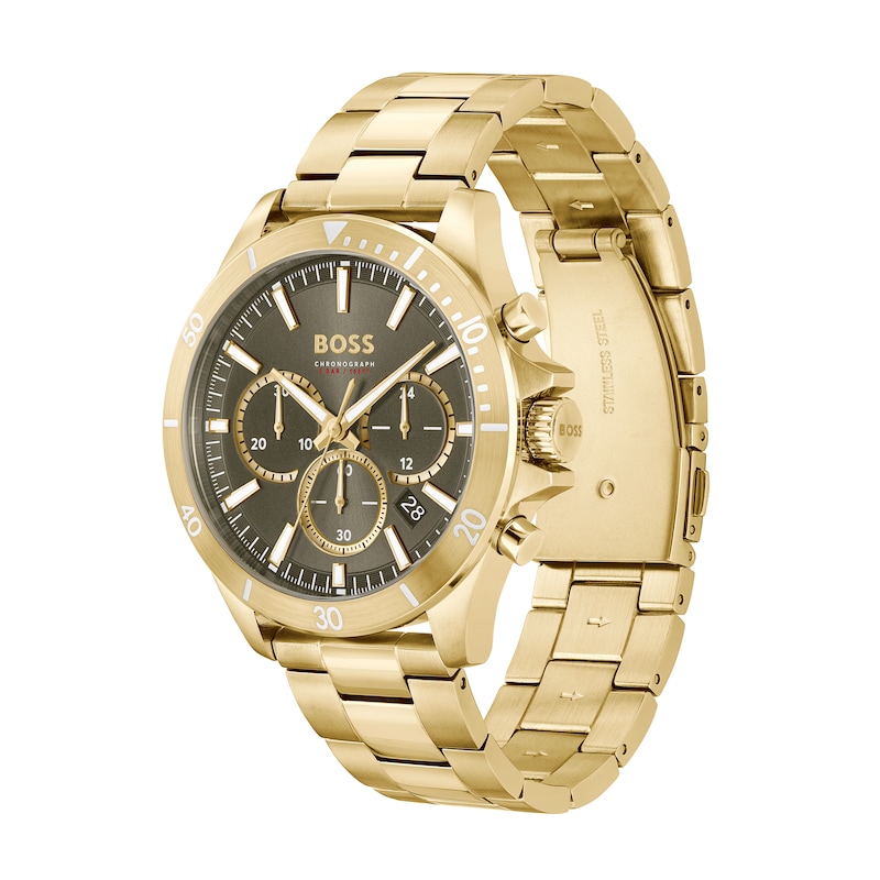 Peoples Men\'s Hugo Boss Troper Gold-Tone IP Chronograph Watch with Green  Dial (Model: 1514059)|Peoples Jewellers | Shop Midtown