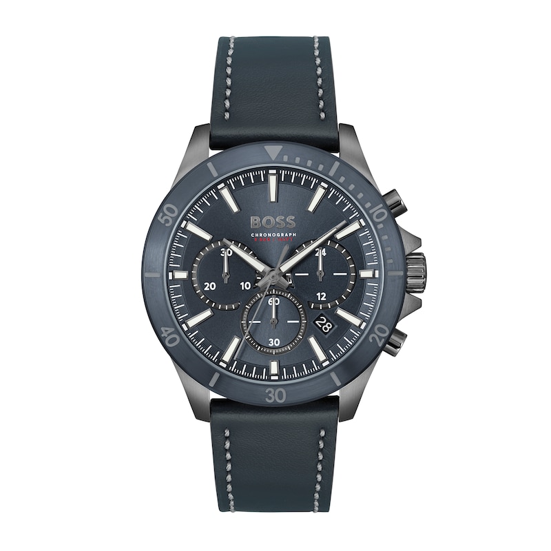 Men's Hugo Boss Troper Chronograph Blue Leather Strap Watch with Blue Dial (Model: 1514056)