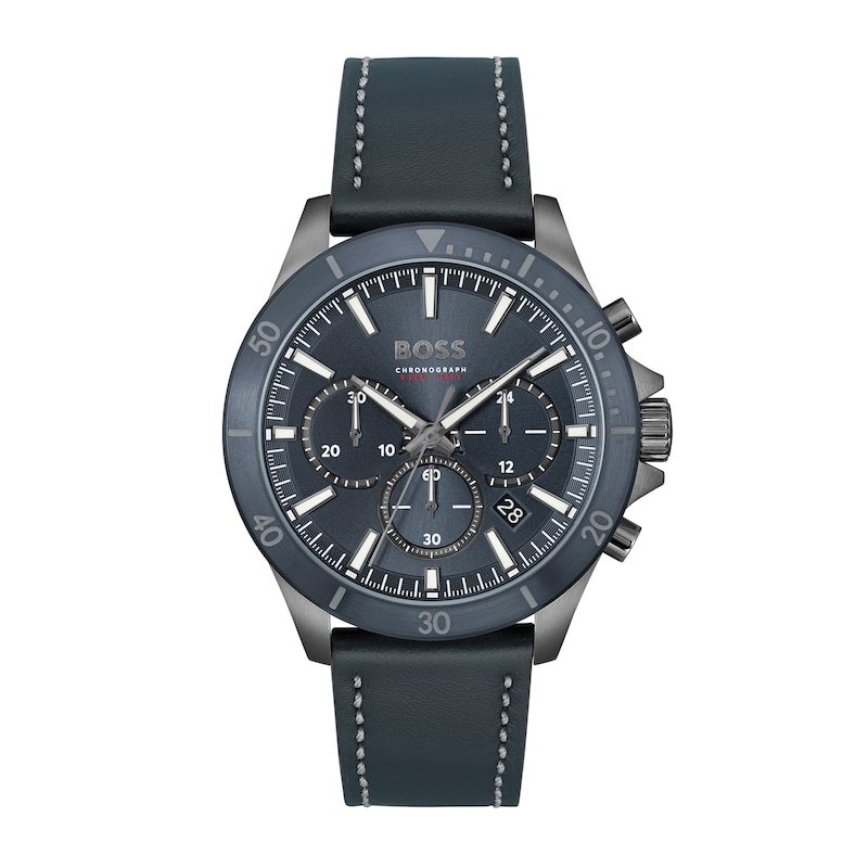 Men's Hugo Boss Troper Chronograph Blue Leather Strap Watch with Blue Dial (Model: 1514056)|Peoples Jewellers