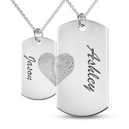 Couple's Fingerprint Engravable Dog Tag Pendant Set in Sterling Silver (2 Fingerprints and 5 Lines)