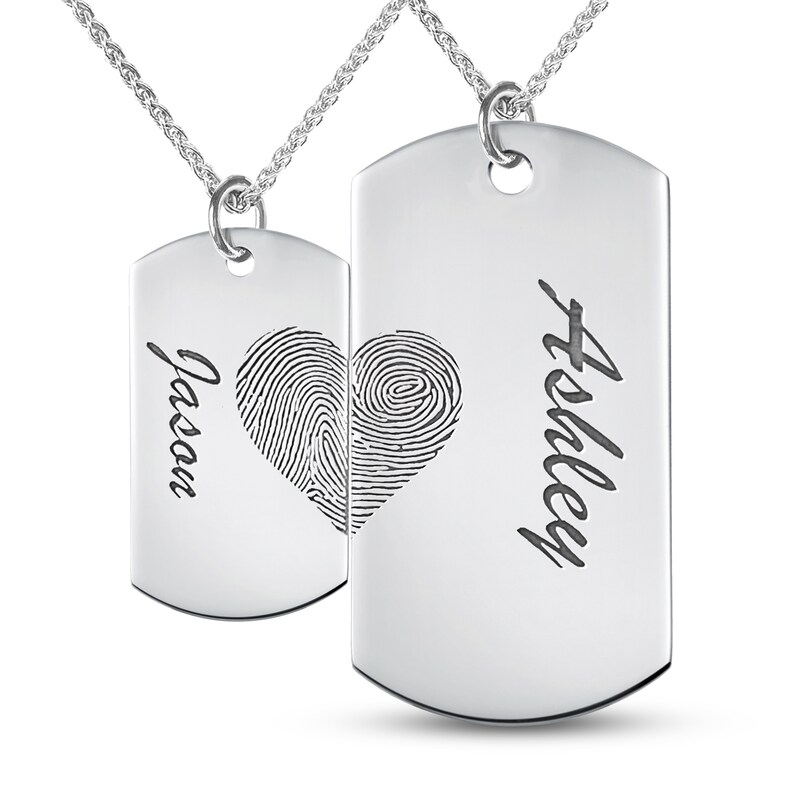 Main Image 1 of Couple's Fingerprint Engravable Dog Tag Pendant Set in Sterling Silver (2 Fingerprints and 5 Lines)