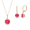 Thumbnail Image 0 of Lab-Created Ruby and White Lab-Created Sapphire Frame Pendant and Drop Earrings Set in 10K Rose Gold