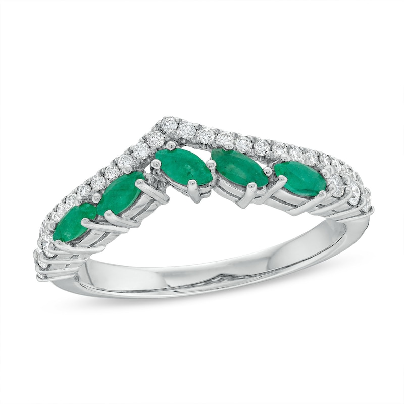 Slanted Marquise-Cut Emerald and 0.23 CT. T.W. Diamond Edge Contour Band in 10K White Gold|Peoples Jewellers
