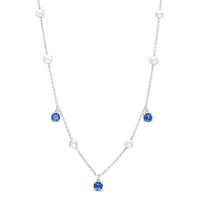 Freshwater Cultured Pearl and Blue Lab-Created Sapphire Dangle Station Necklace in Sterling Silver