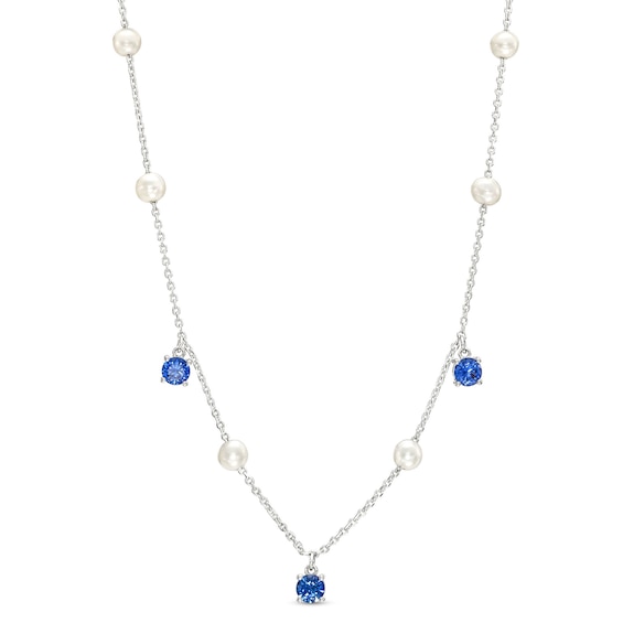 Freshwater Cultured Pearl and Blue Lab-Created Sapphire Dangle Station Necklace in Sterling Silver