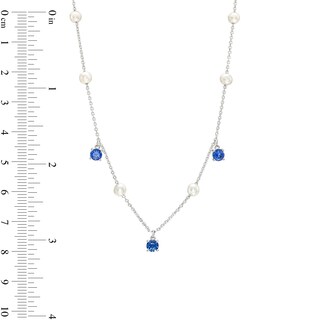 Freshwater Cultured Pearl and Blue Lab-Created Sapphire Dangle Station Necklace in Sterling Silver
